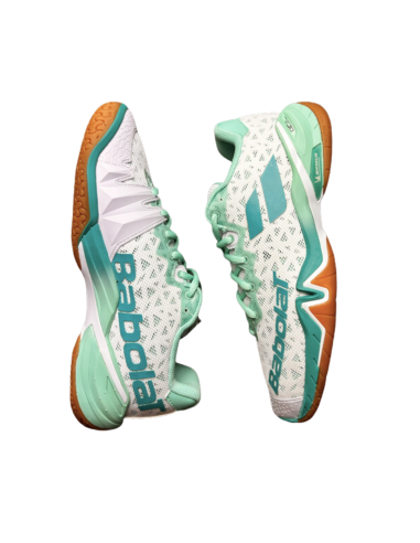 Zapatillas de bádminton Babolat Shadow 4 para mujer Blanco/Laguna  Zapatillas de bádminton Babolat Shadow 4 para mujer Blanco/Laguna